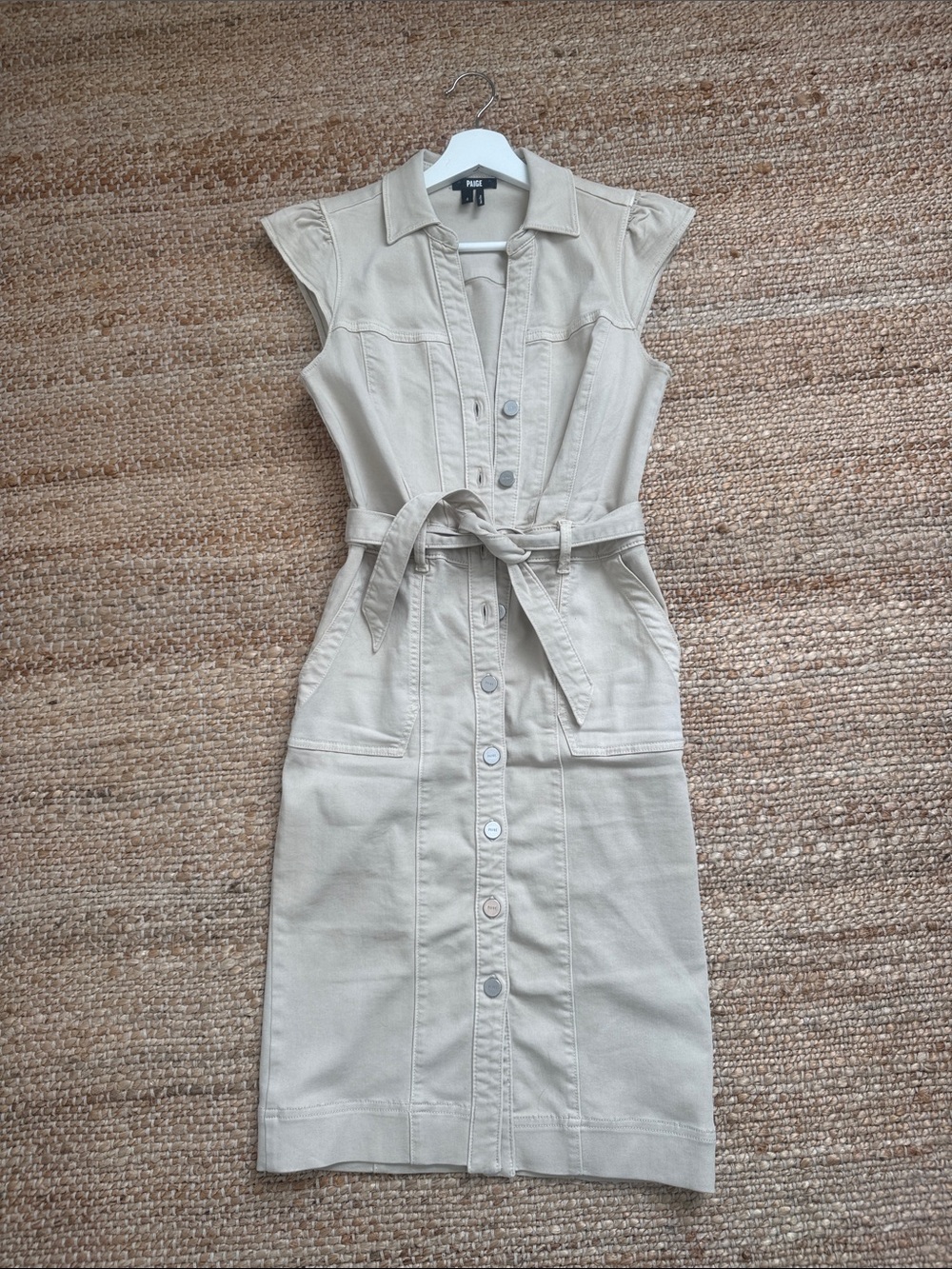 PAIGE Beige denim Sleeveless Button-Front Utility Dress with Tie Waist